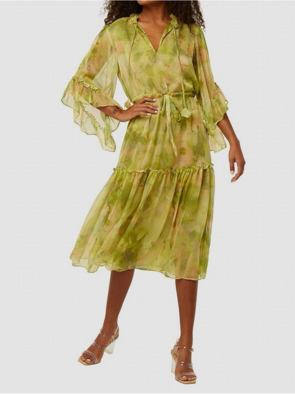 Misa Los Angeles Green Marcele Chiffon Sheer Tie-Waist Midi Dress